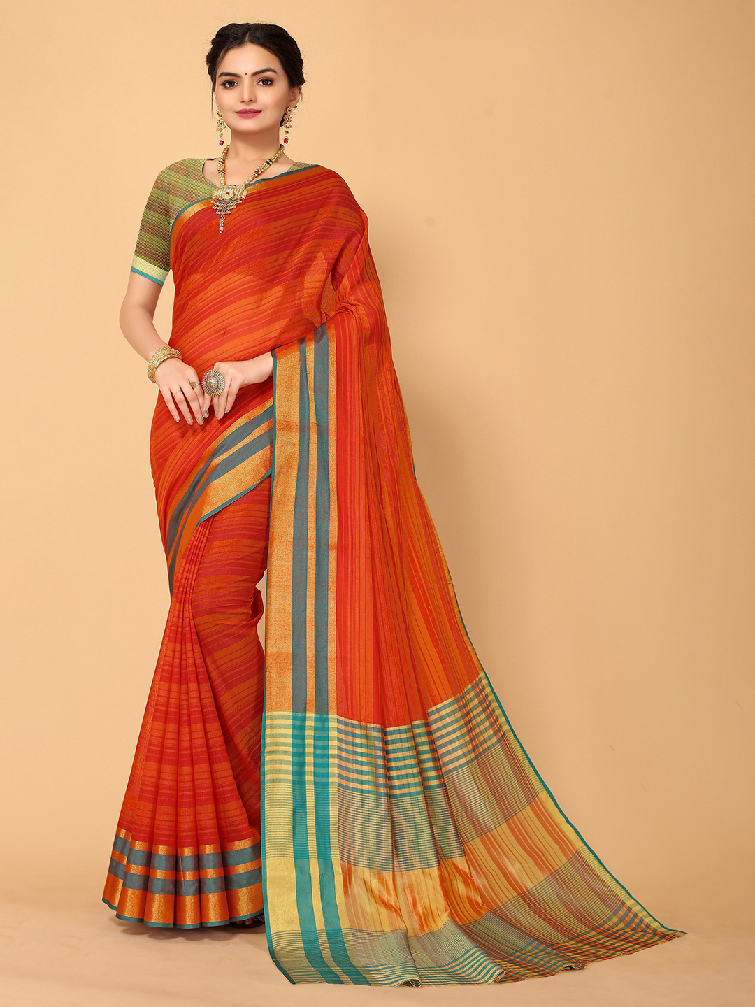 

Mitera Maroon & Green Striped Kanjeevaram Saree