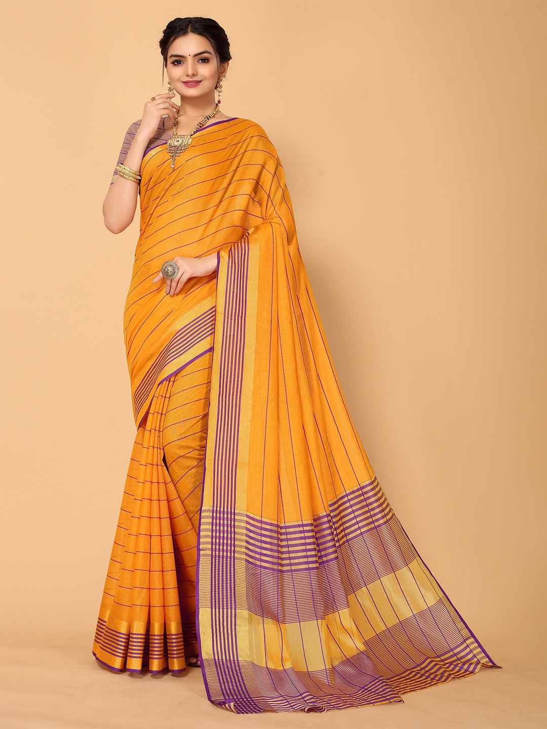 

Mitera Mustard & Purple Striped Zari Kanjeevaram Saree