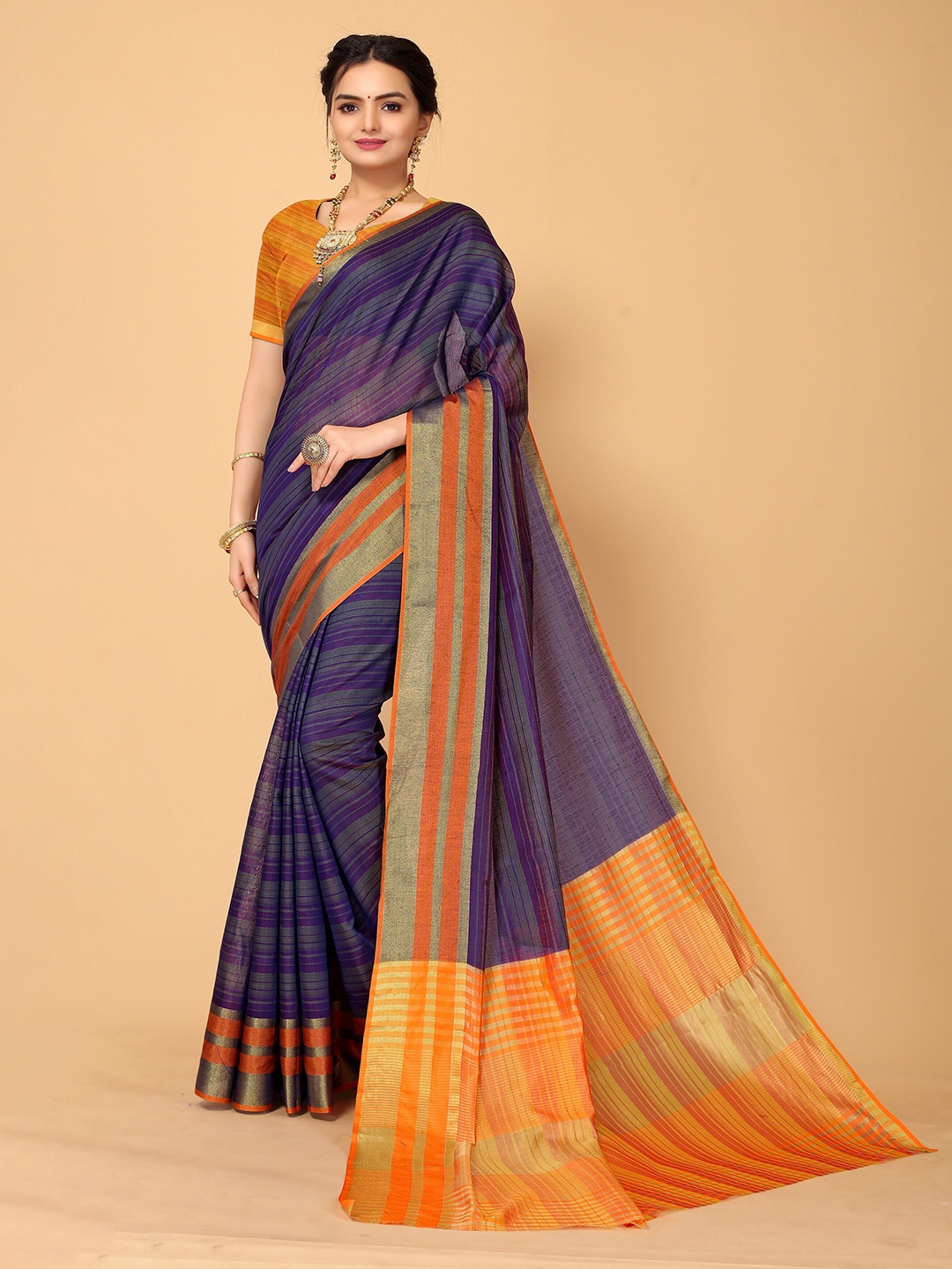 

Mitera Purple & Orange Striped Kanjeevaram Saree