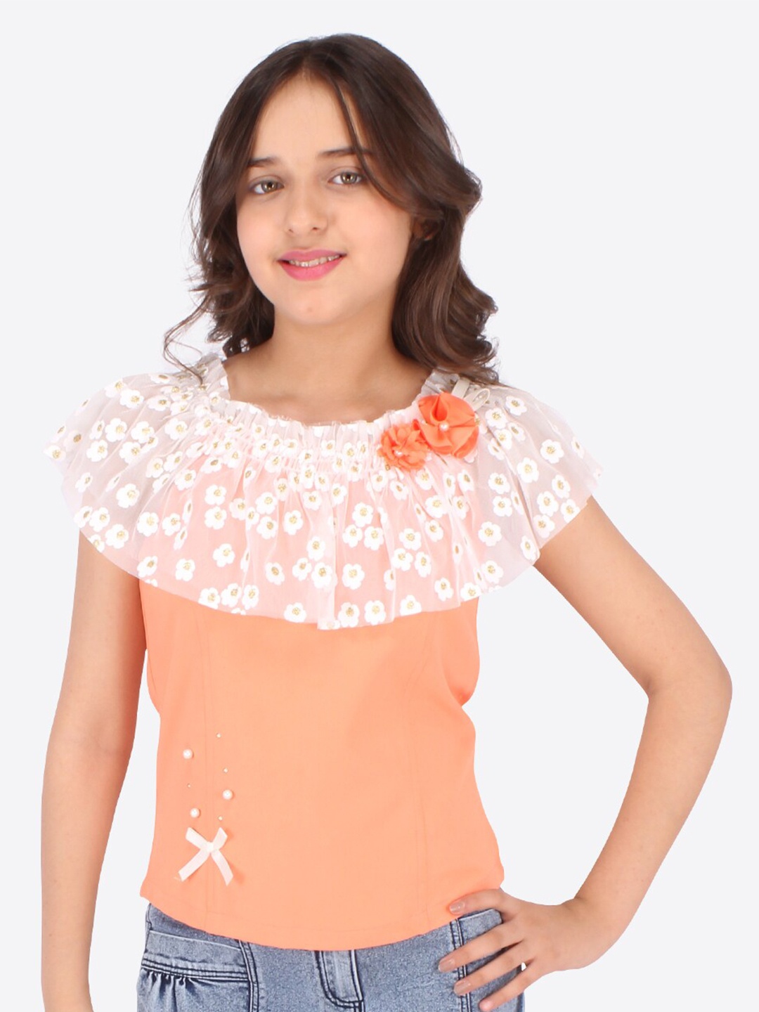 

CUTECUMBER Orange Print Applique Georgette Cape Top