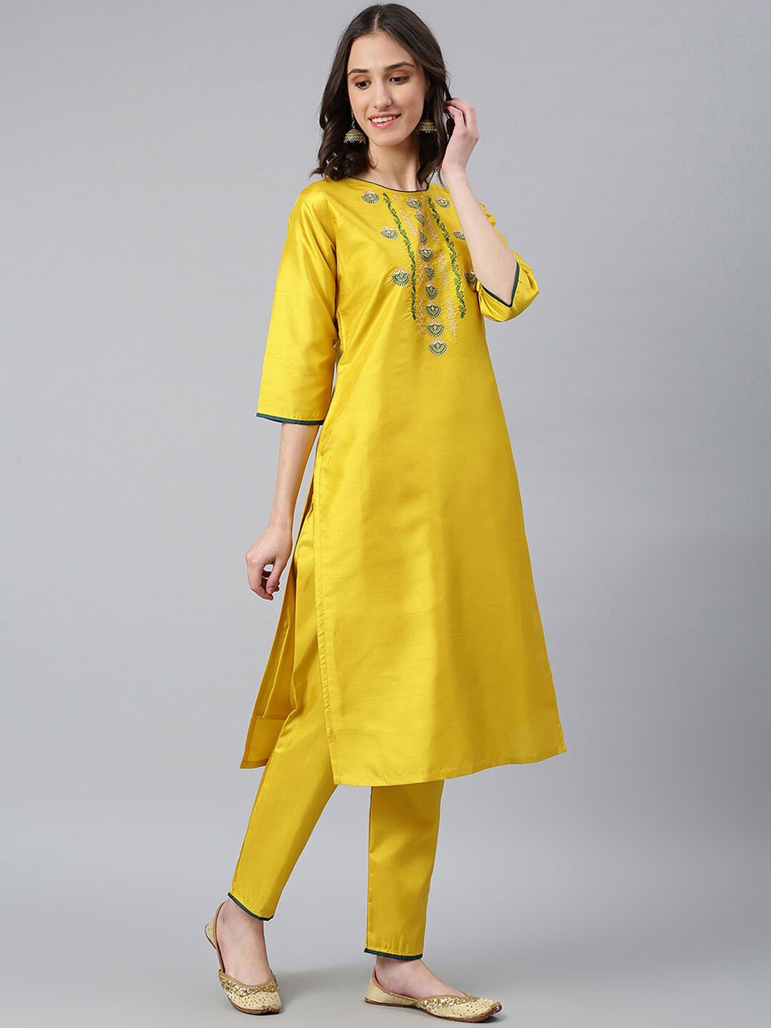 

Lilots Women Yellow Embroidered Layered Thread Work Kurti with Trousers & With Dupatta