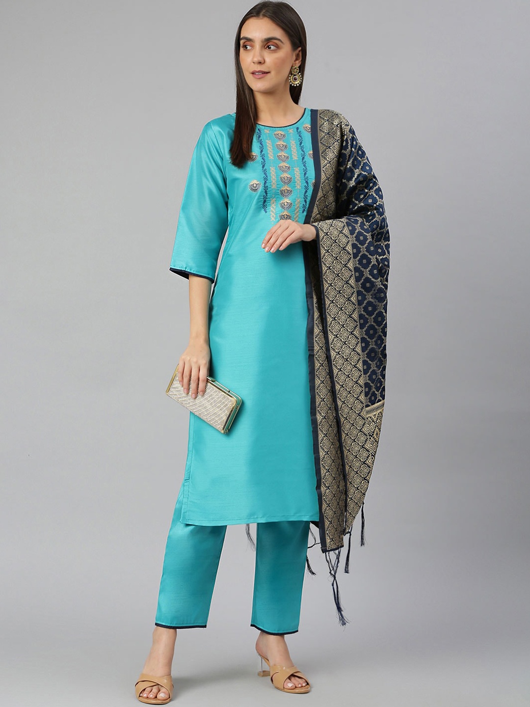 

Lilots Women Turquoise Blue Ethnic Motifs Yoke Design Thread Work Kurta with Trousers & With Dupatta