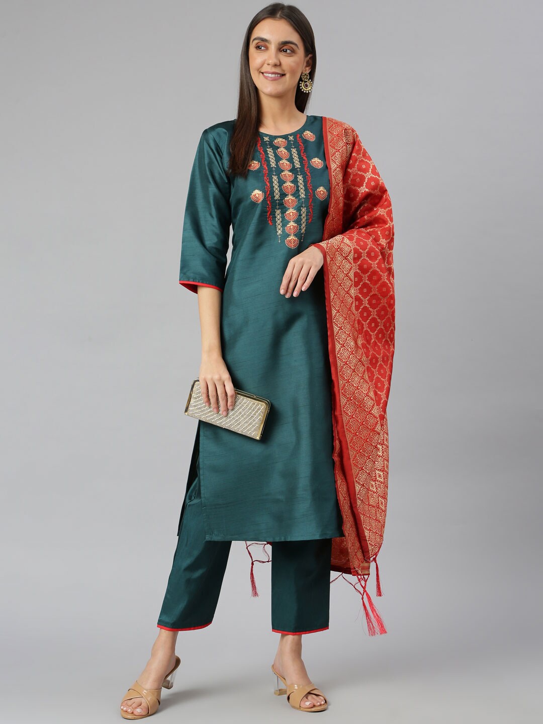 

Lilots Women Teal Layered Thread Work Kurti with Trousers & With Dupatta