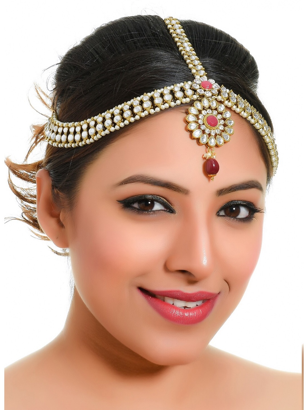 

Sanjog GGold-Plated White Kundan Studded Handcrafted Head Jewellery Bridal Matha Patti, Gold