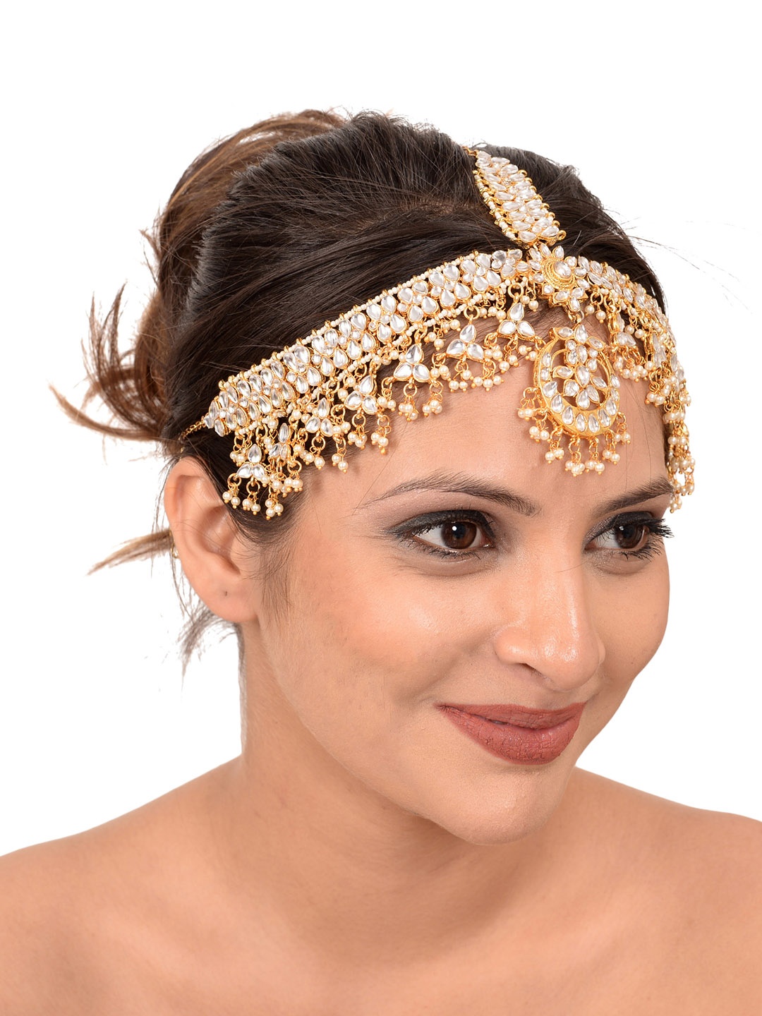 

Sanjog Gold-Plated White Kundan-Studded Bridal Wedding Matha Patti Head Jewellery