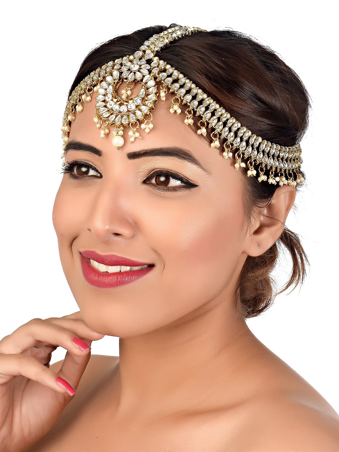 

Sanjog Gold-Plated Kundan-Studded Pearl Beaded Head Jewellery Bridal Matha Patti, White