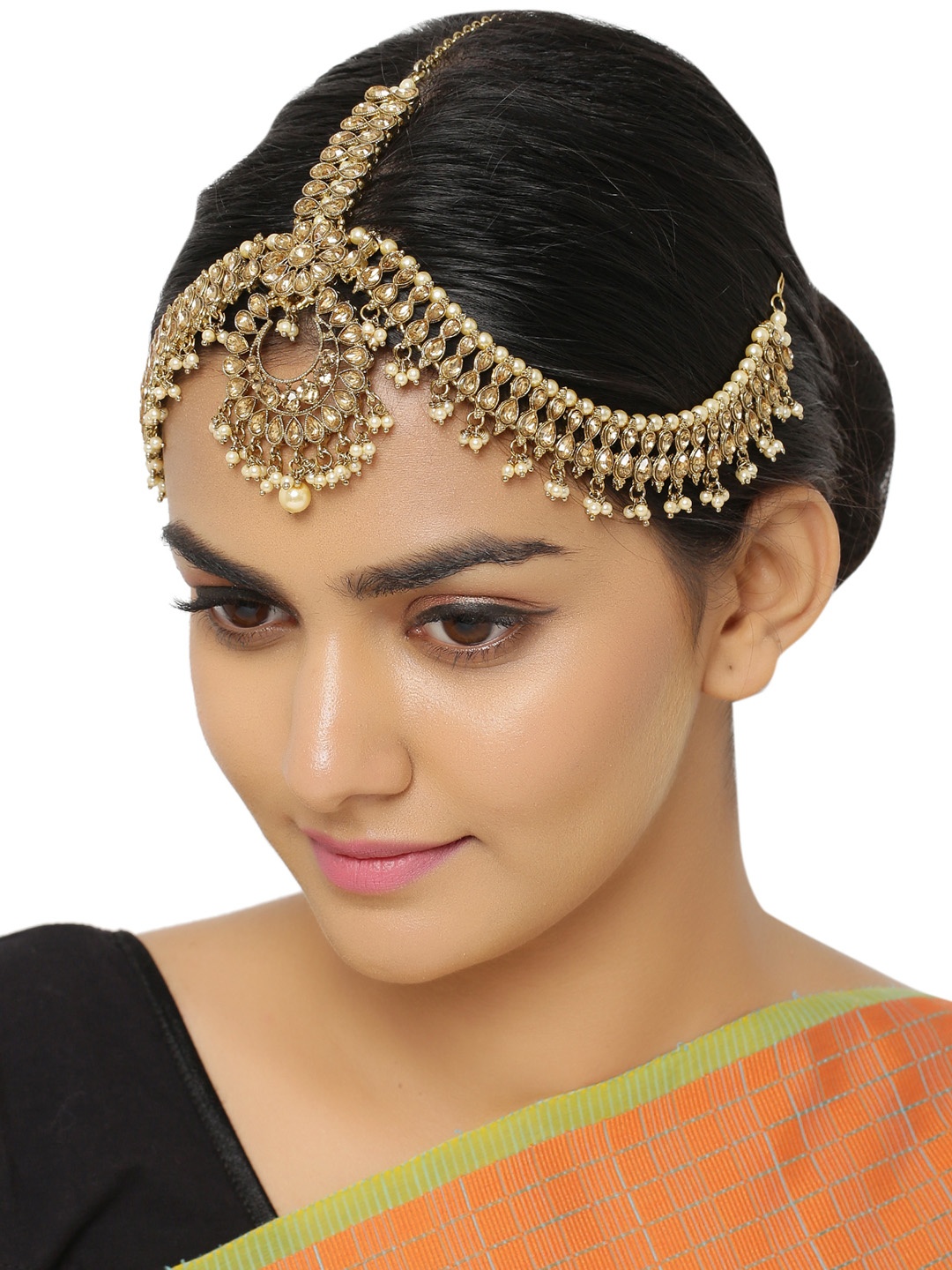 

Sanjog Gold plated Gold Kundan studded Handcrafted Head jewellery Bridal Matha Patti