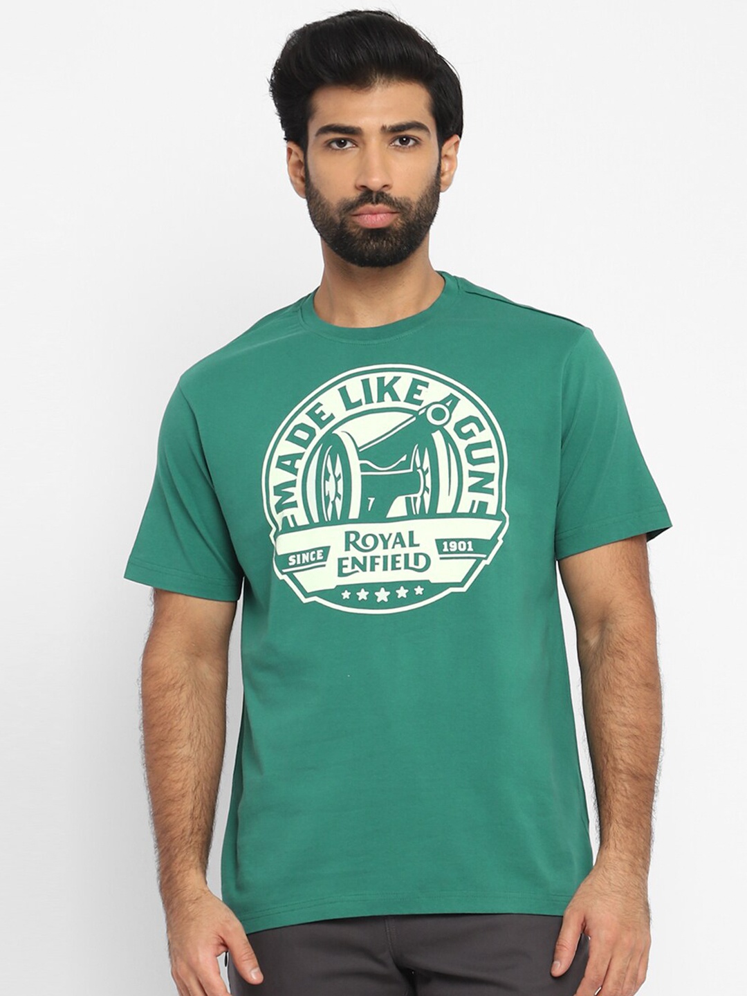 

Royal Enfield Men Green & deep grass green Varsity Printed T-shirt