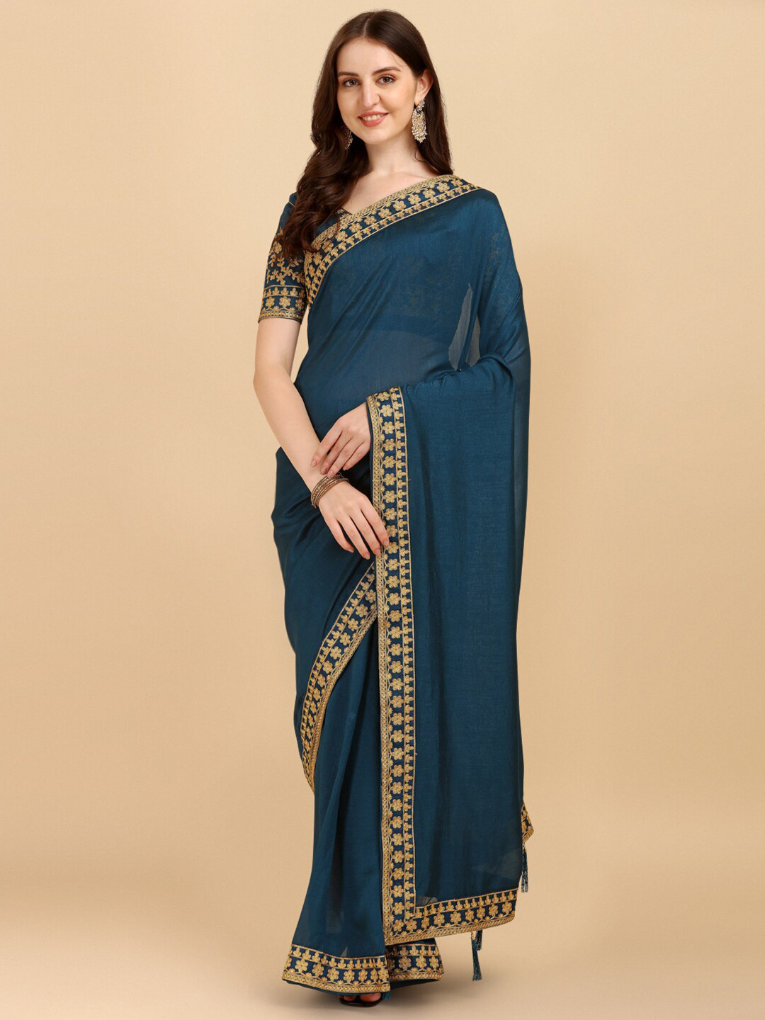 

PMD Fashion Teal & Gold-Toned Embroidered Silk Blend Saree
