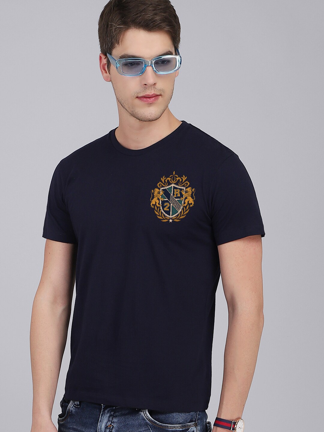 

Free Authority Men Navy Blue Printed Pure Cotton Tshirts