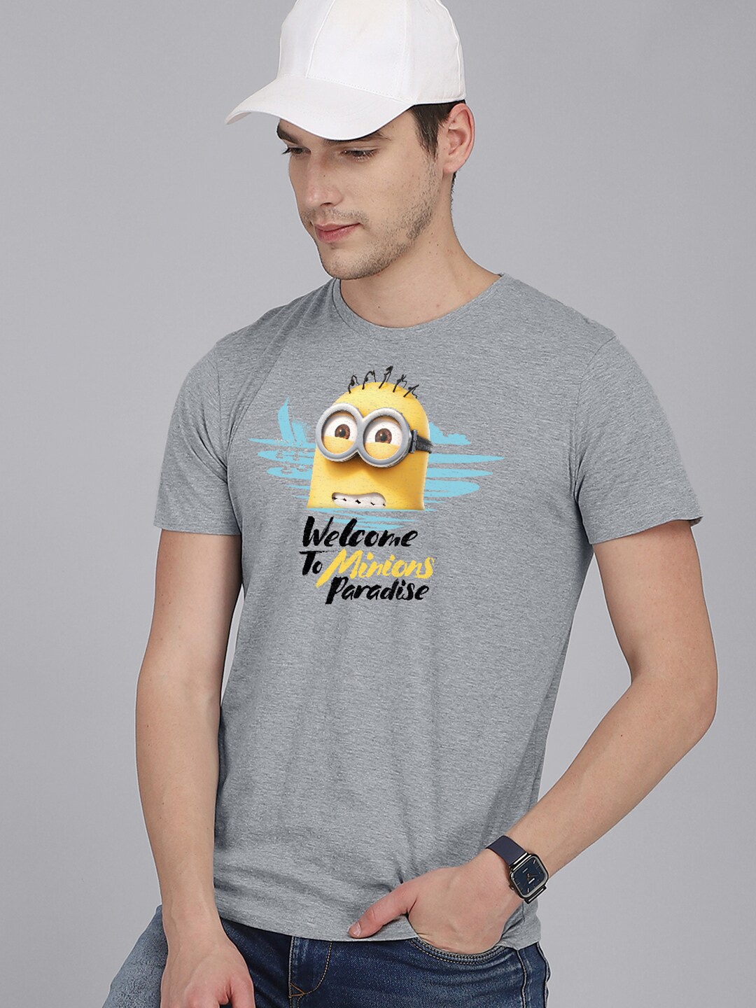 

Free Authority Men Grey & Yellow Minion Printed Pure Cotton T-Shirt