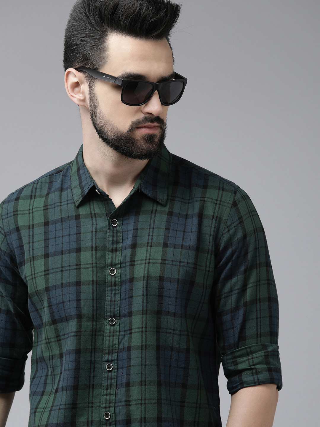 

BEAT LONDON by PEPE JEANS Men Green Slim Fit Tartan Checks Opaque Pure Cotton Casual Shirt