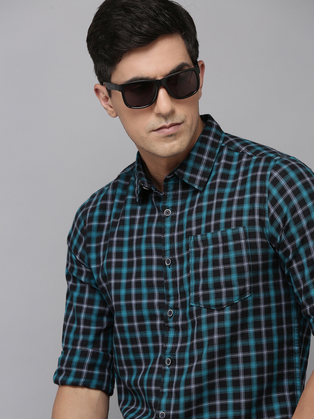

BEAT LONDON by PEPE JEANS Men Slim Fit Checked Pure Cotton Casual Shirt, Blue