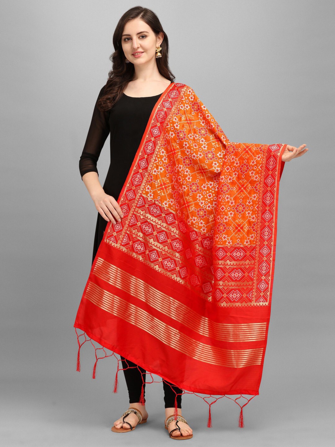 

KALINI Orange & Gold-Toned Ethnic Motifs Woven Design Dupatta with Zari