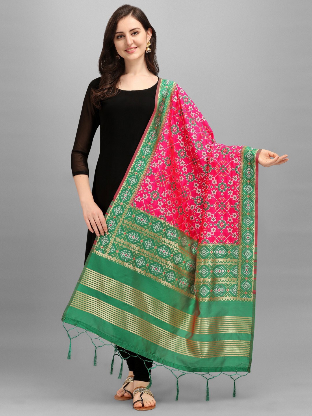 

KALINI Pink & Green Ethnic Motifs Woven Design Dupatta with Zari