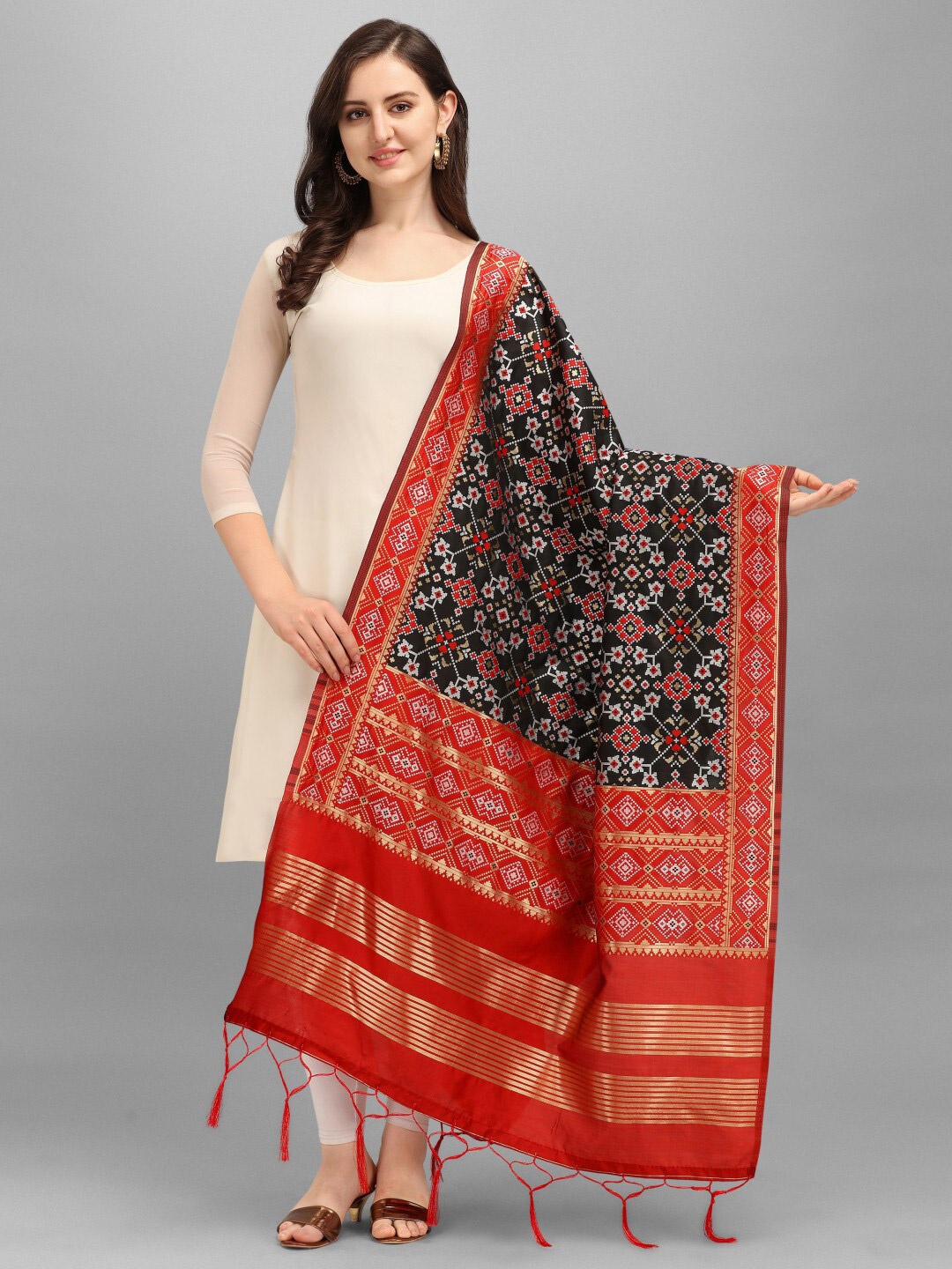 

KALINI Black & Red Ethnic Motifs Woven Design Dupatta with Zari