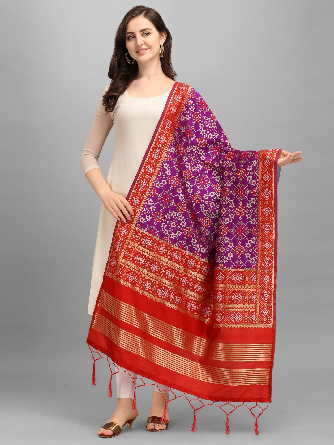 

KALINI Purple & Red Ethnic Motifs Woven Design Dupatta with Zari