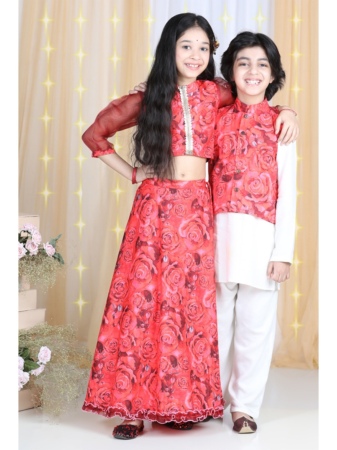 

Cutiekins White & Red Solid Kurta Pajama With Rose Printed Waistcoat