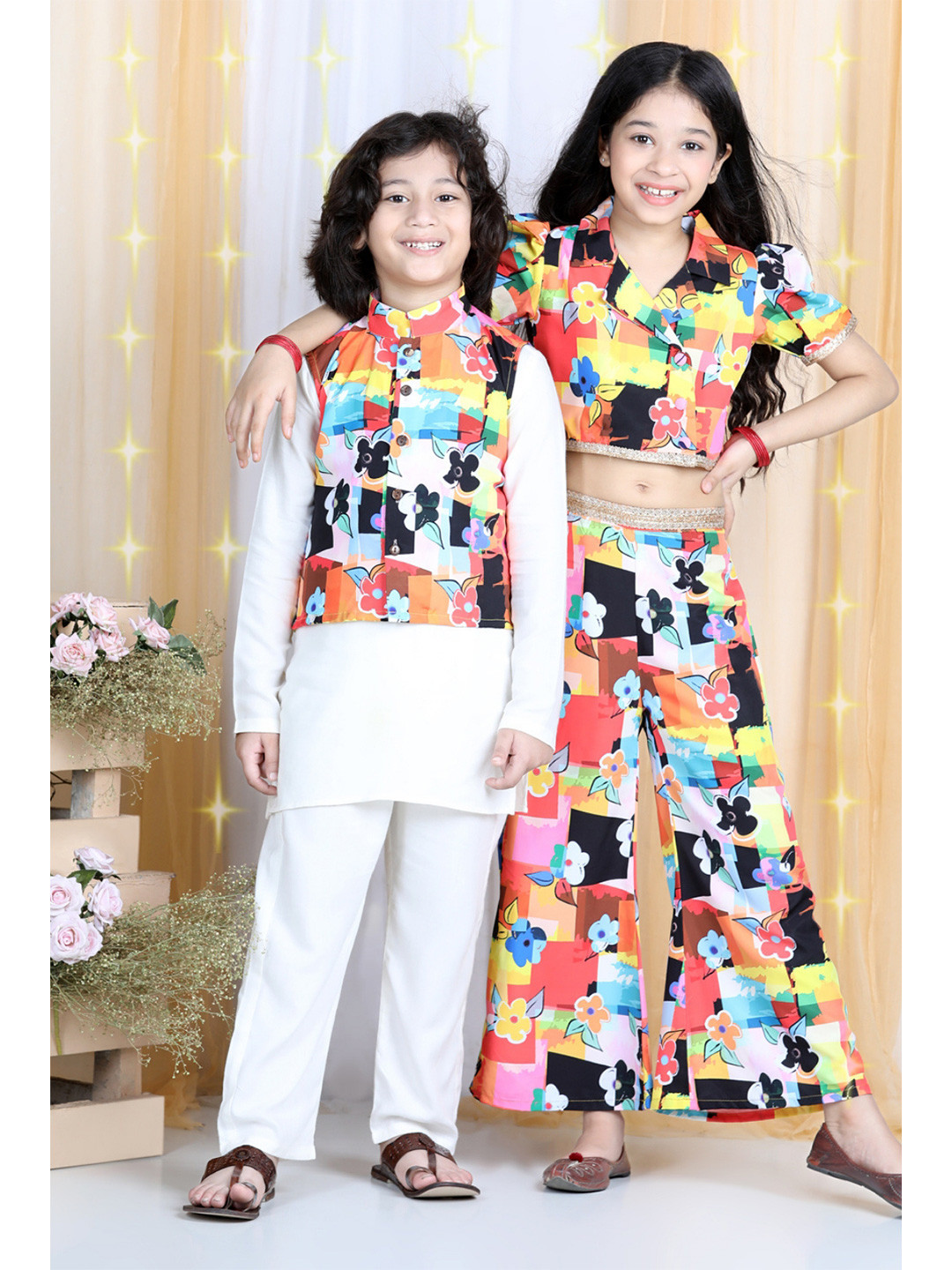 

Cutiekins Boys White Solid Kurta Pyjamas With Floral & Geometric Printed Waistcoat
