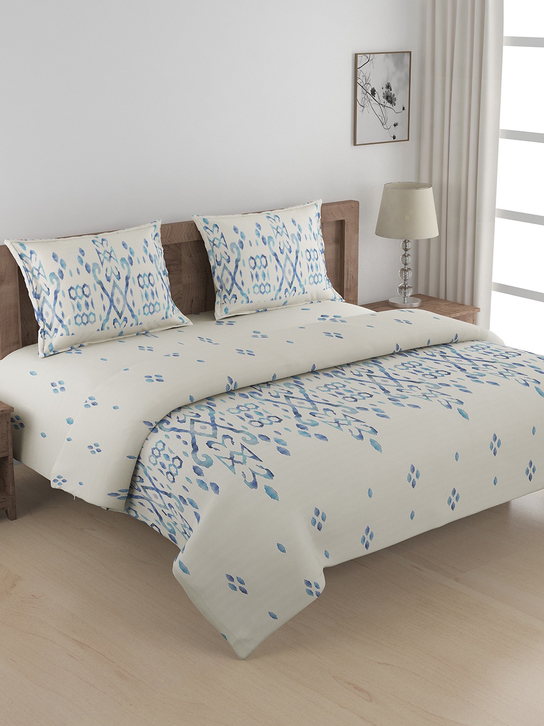 

SWAYAM Off White & Blue Ethnic Motifs Queen Bedsheet with 2 Pillow Covers