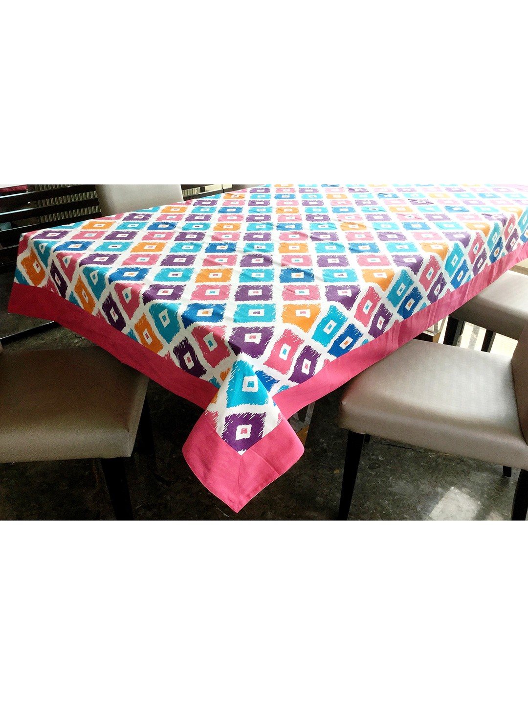 

Lushomes Pink & Blue Geometric Square Cotton 6 Seater Dining Table Cloth