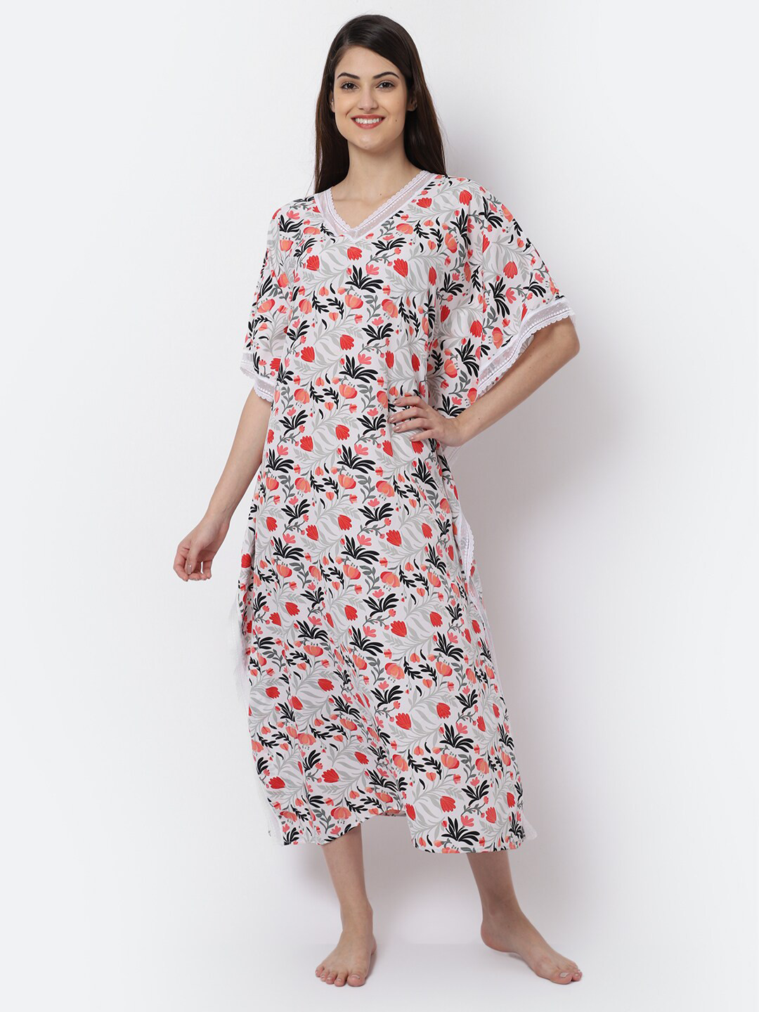

EROTISSCH Women Grey Printed Maxi Kaftan Nightdress