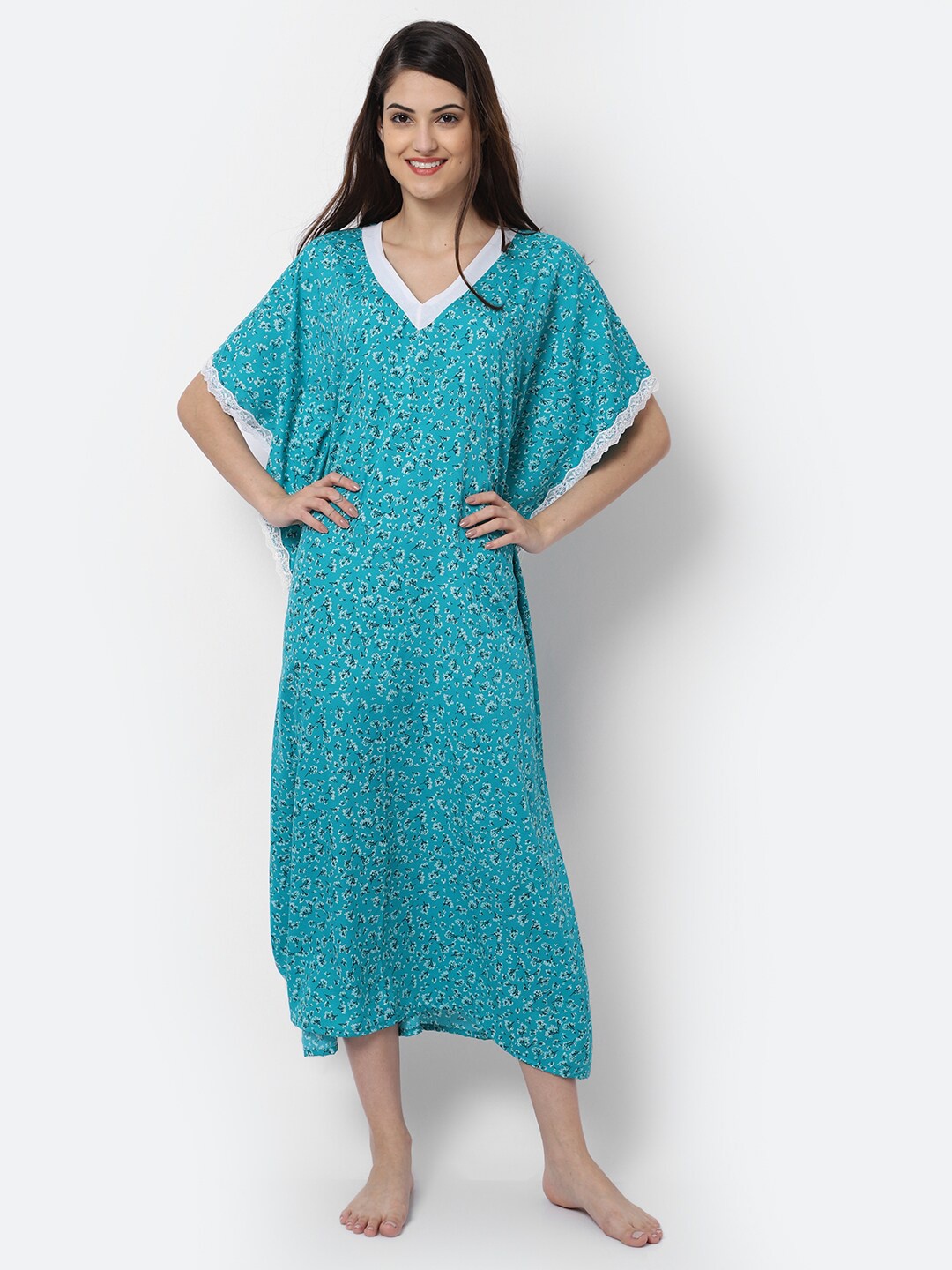 

EROTISSCH Women Blue Printed Maxi Kaftan Nightdress