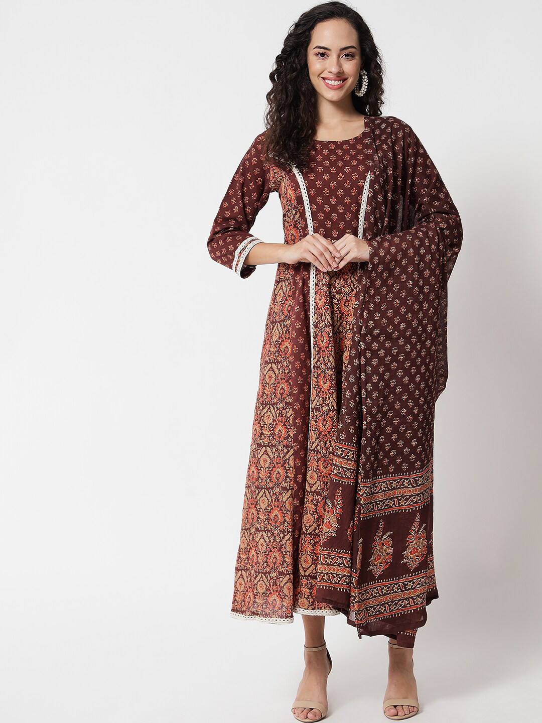 

Sitaram Designer Women Brown Ethnic Motifs Printed Empire Pure Cotton Kurti with Trousers & With Dupatta