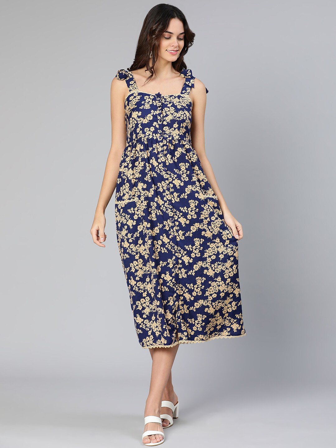 

Oxolloxo Blue Floral Crepe A-Line Midi Dress