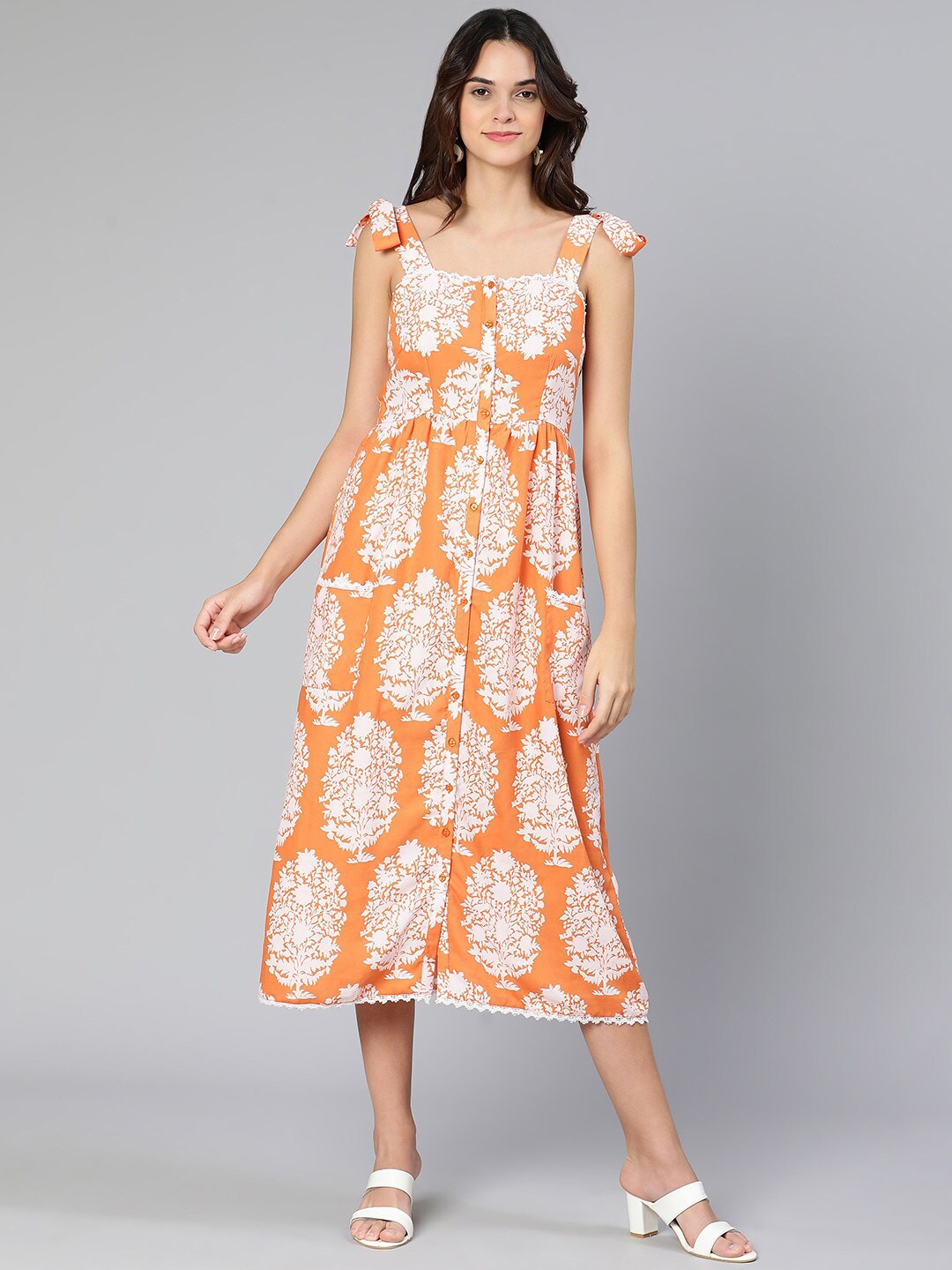 

Oxolloxo Orange Floral Crepe A-Line Midi Dress