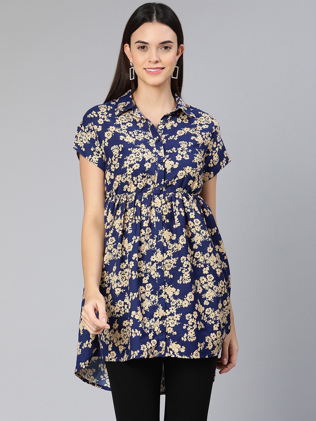 

Oxolloxo Blue Floral Print Crepe Shirt Style Top
