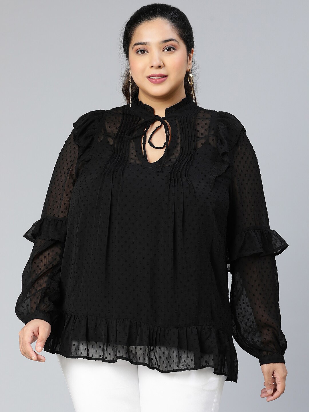 

Oxolloxo Black Mandarin Collar Bell Sleeve Ruffle Top