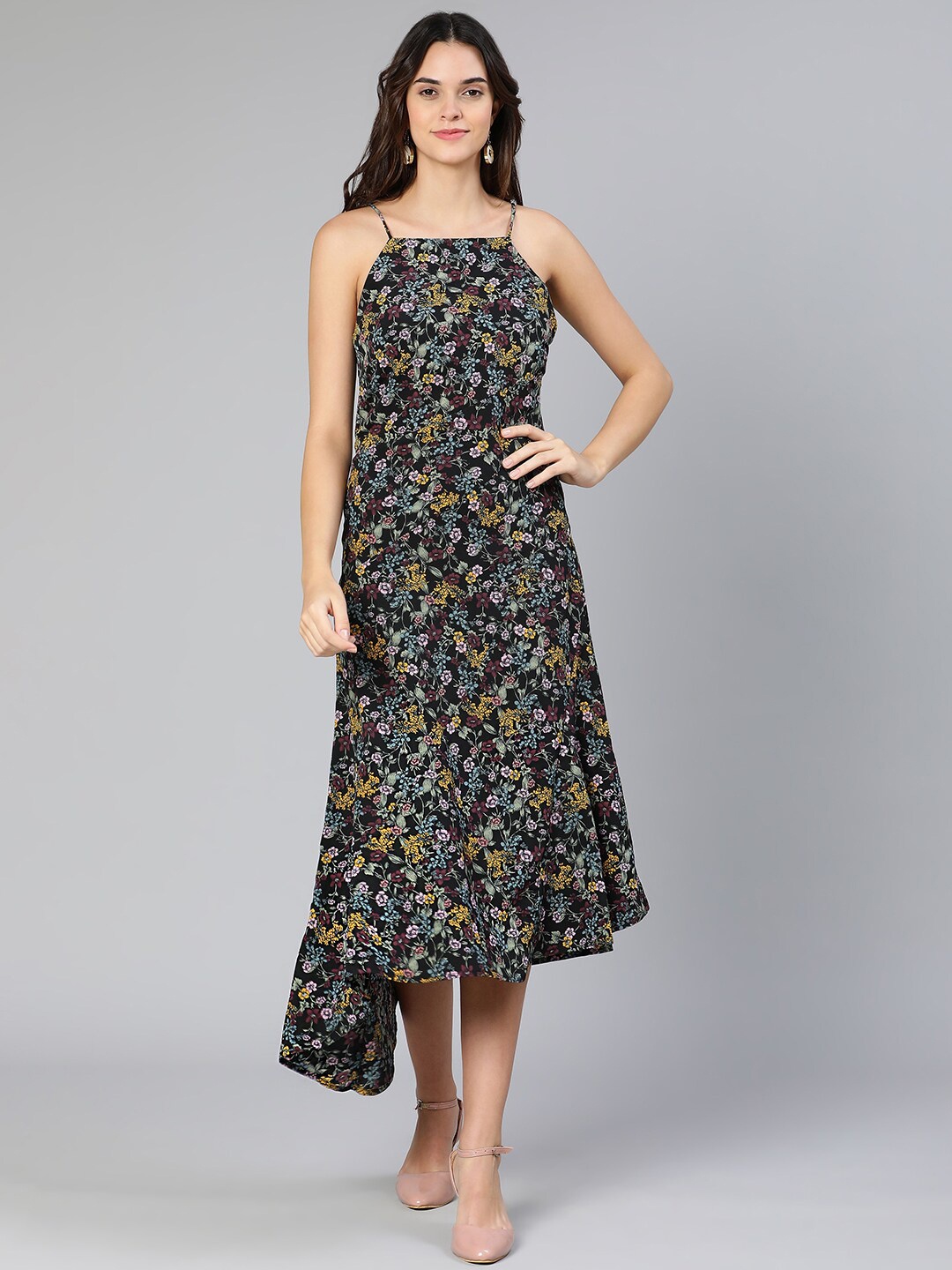 

Oxolloxo Black Floral Satin A-Line Midi Dress