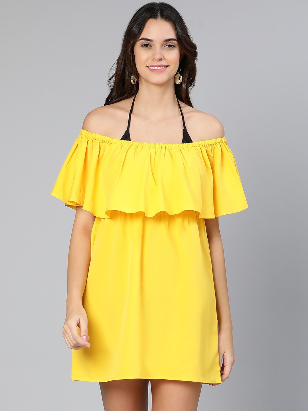 

Oxolloxo Women Yellow Solid Cotton Off-Shoulder Swimwear Dress