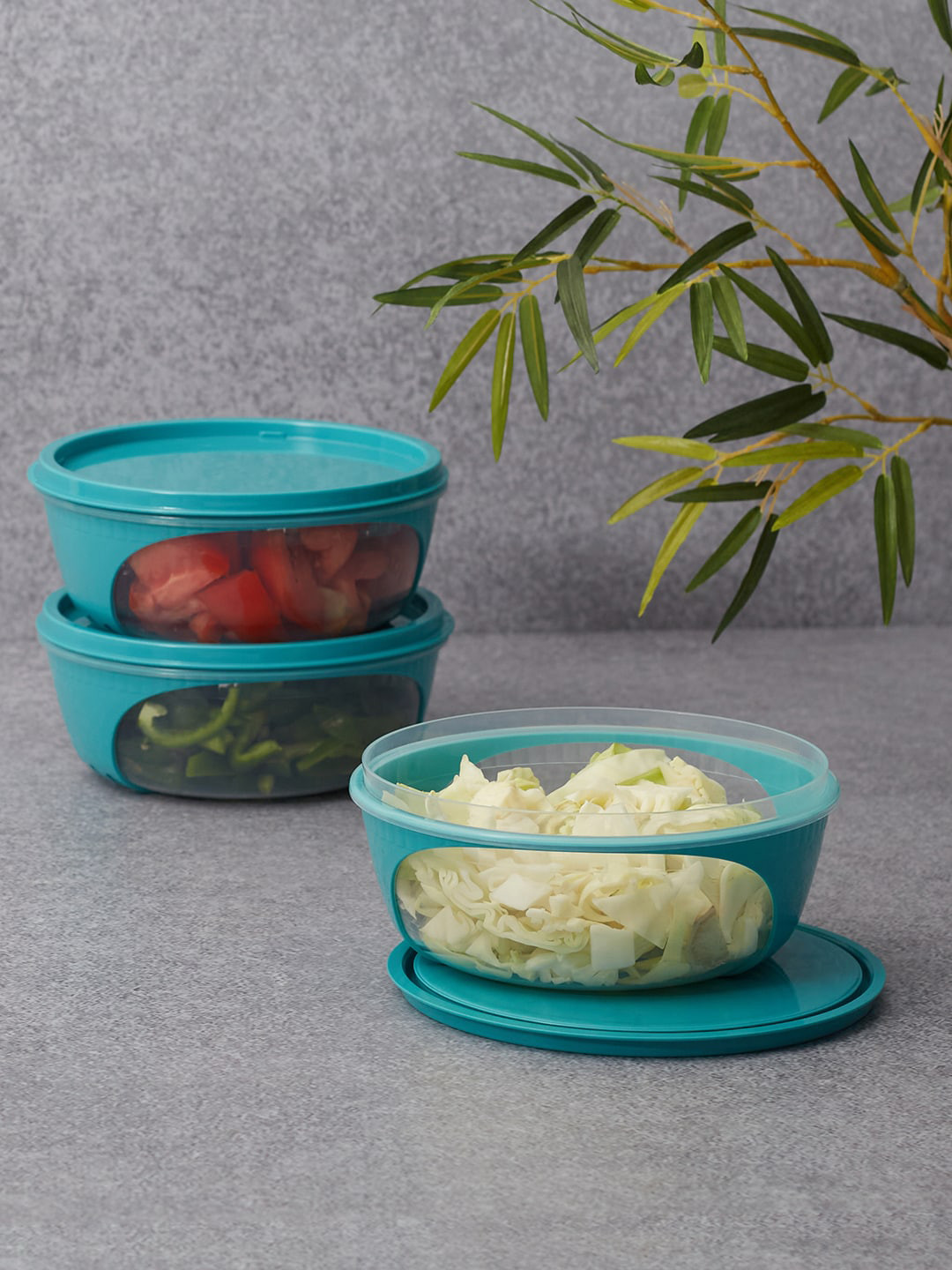 

HomeTown Set Of 3 Teal Blue Solid Mate Plastic Round Container 760ml