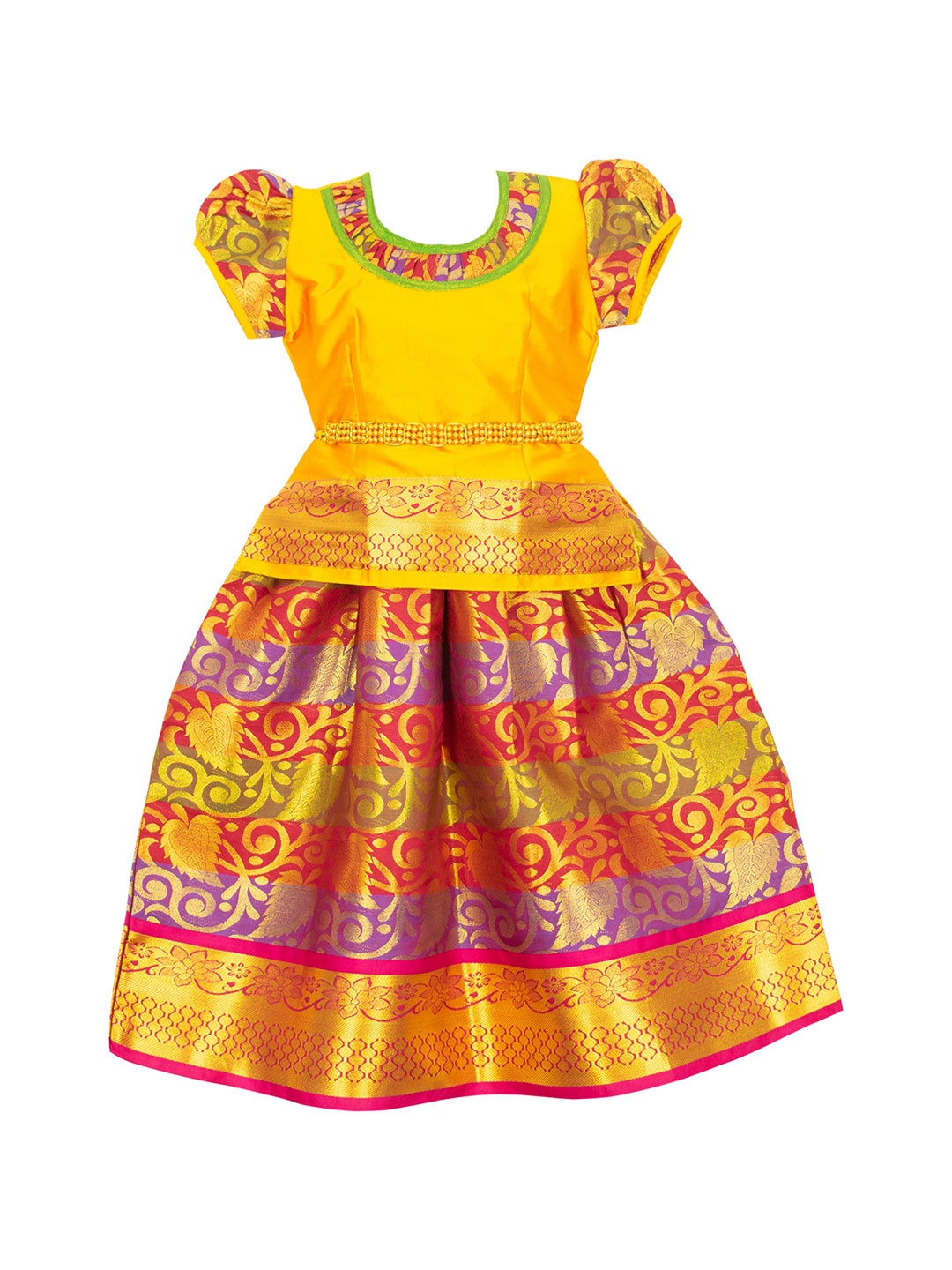 

AMIRTHA FASHION Girls Gold-Toned & Purple Embellished Ready to Wear Lehenga &