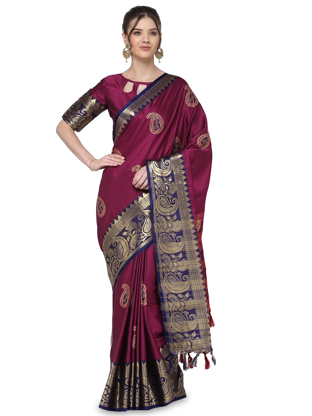 

KALINI Pink & Navy Blue Floral Embroidered Silk Cotton Banarasi Saree