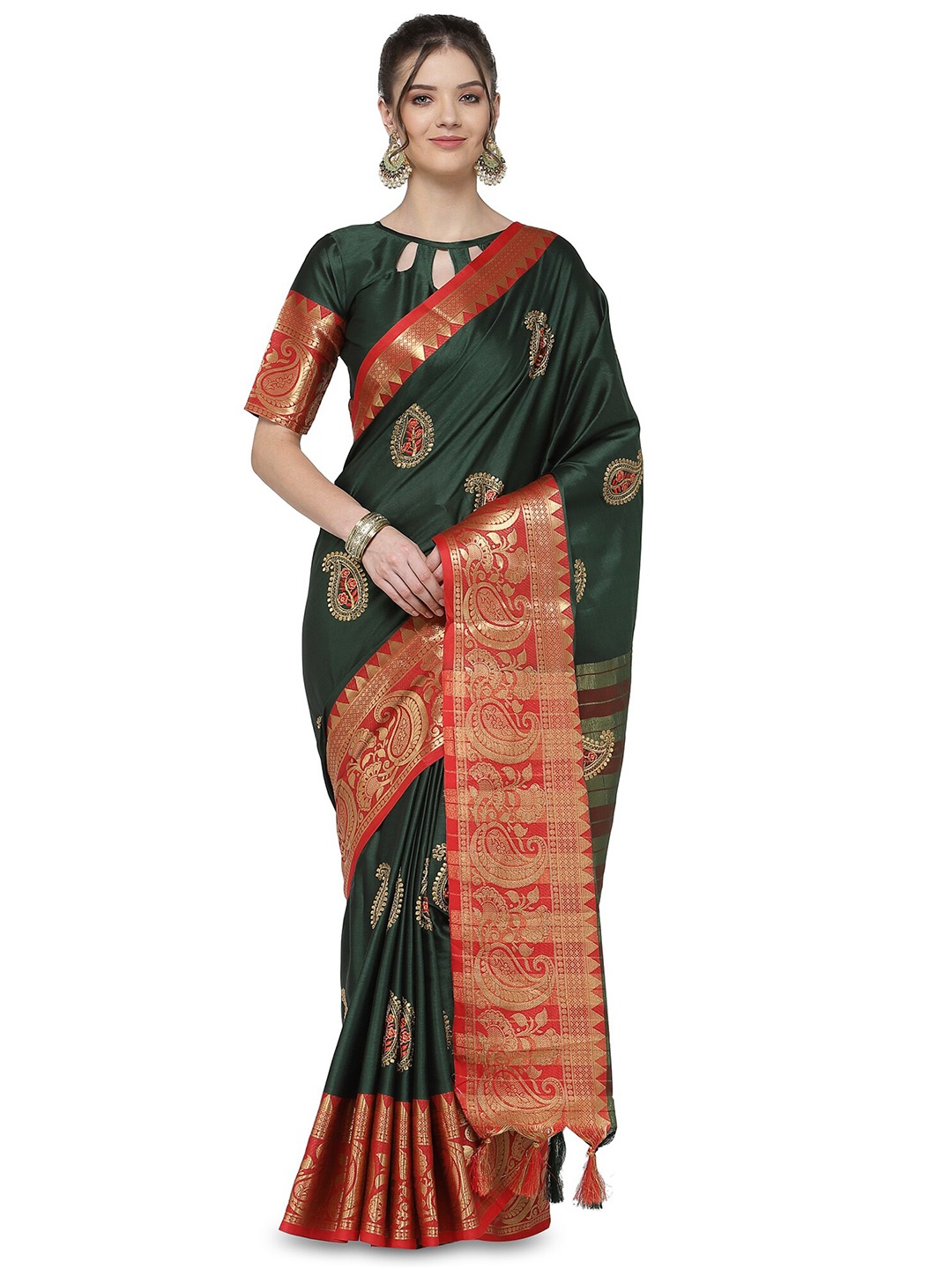 

KALINI Green & Red Floral Embroidered Silk Cotton Banarasi Saree