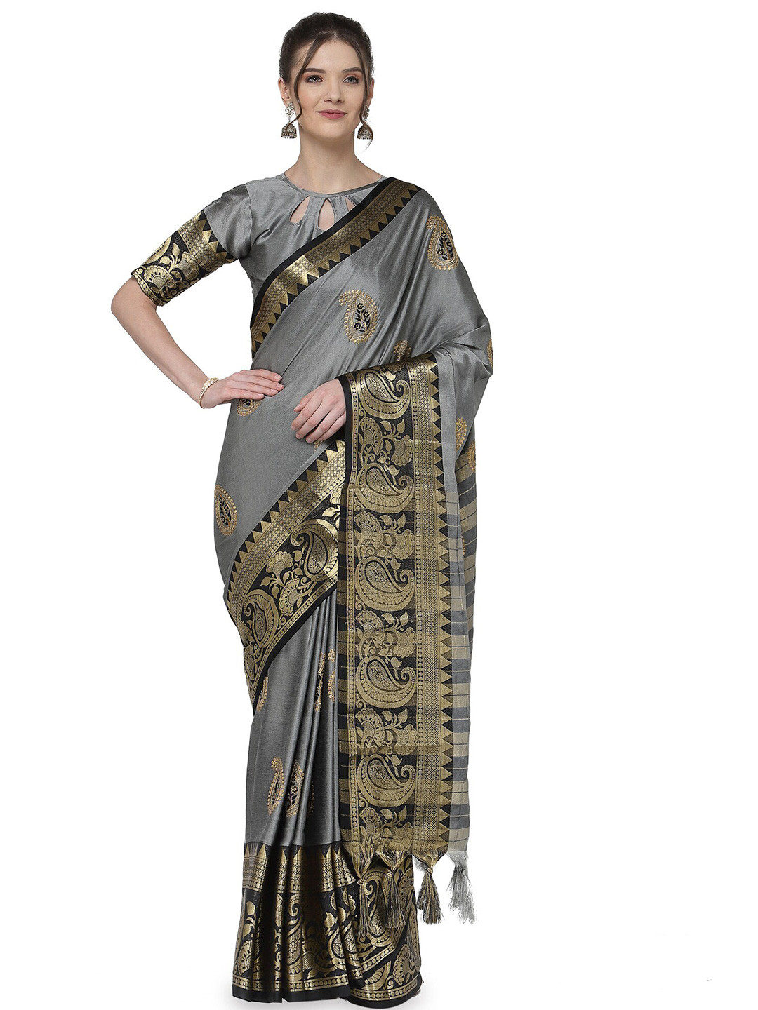 

KALINI Grey & Black Floral Embroidered Silk Cotton Banarasi Saree