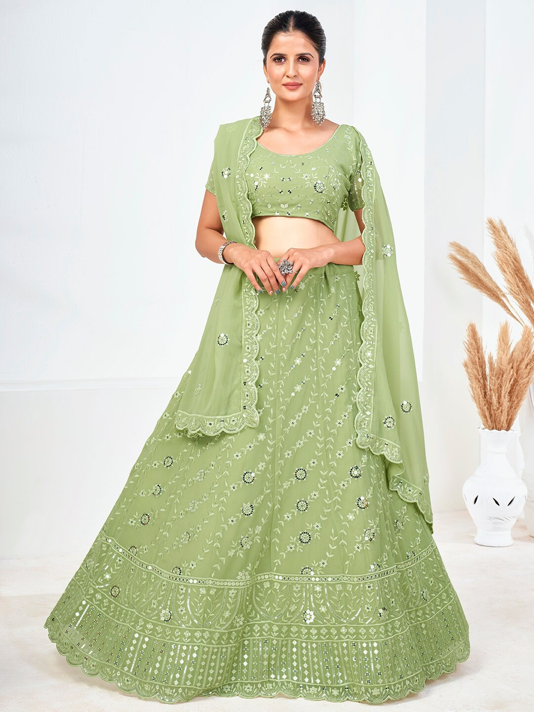 

SHOPGARB Green & Silver-Toned Embellished Sequinned Semi-Stitched Lehenga & Unstitched Blouse With Dupatta