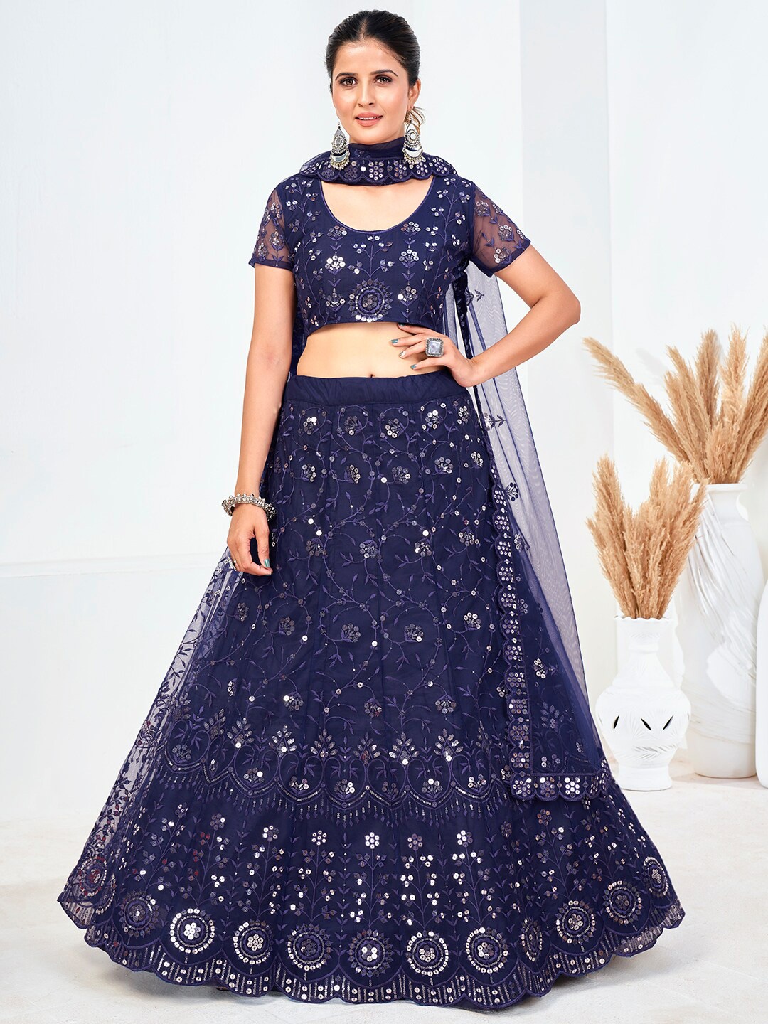 

SHOPGARB Blue & Silver-Toned Embellished Sequinned Semi-Stitched Lehenga & Unstitched Blouse With Dupatta
