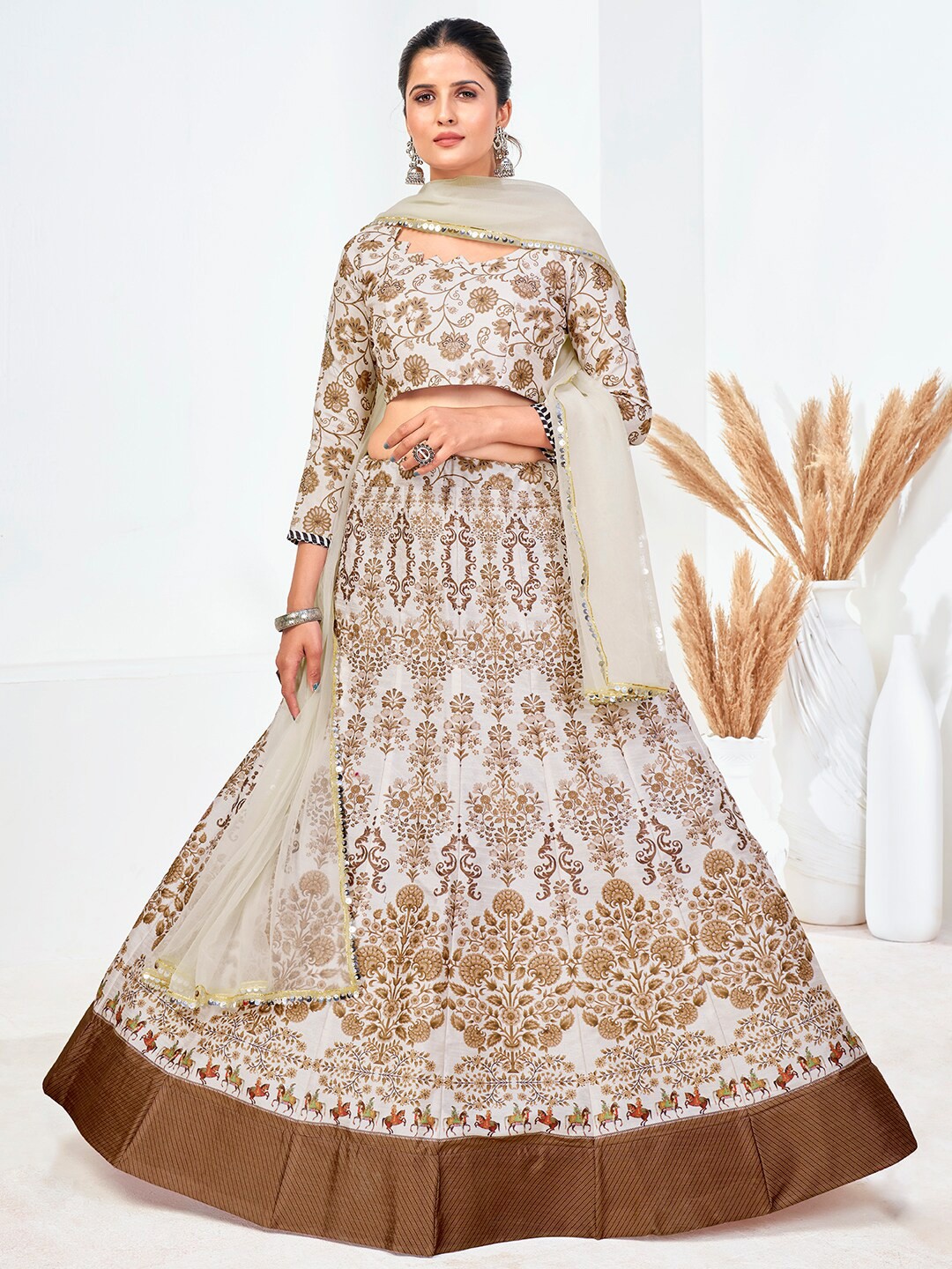

SHOPGARB White & Brown Embellished Semi-Stitched Lehenga & Unstitched Blouse With Dupatta
