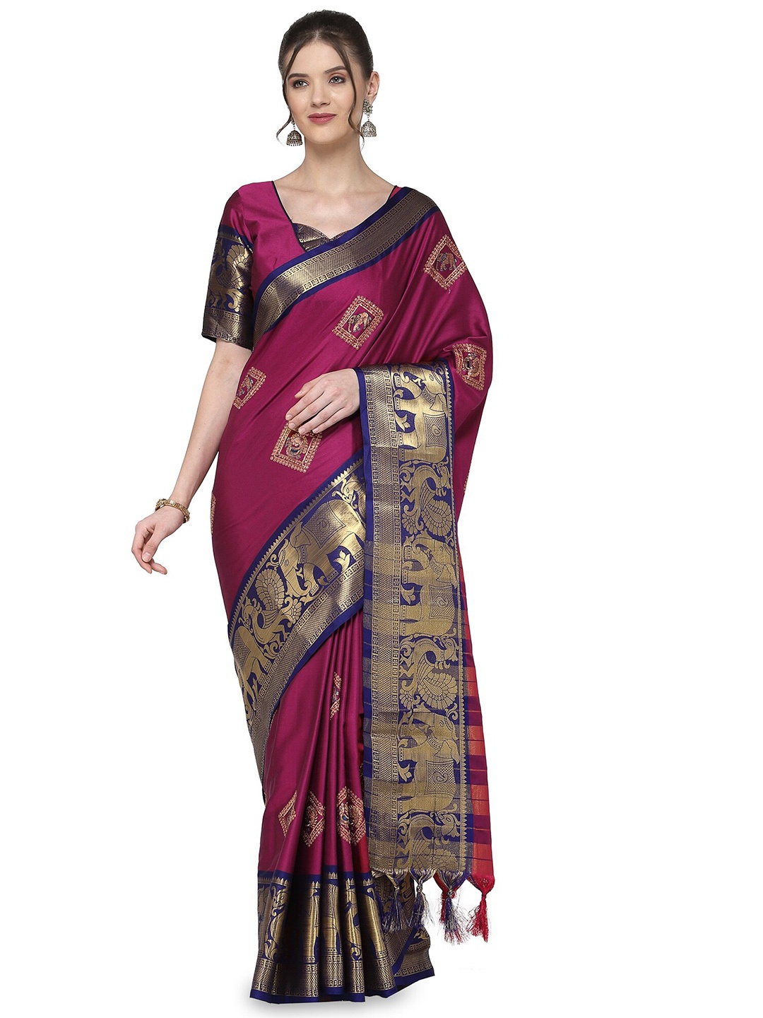 

KALINI Pink & Blue Ethnic Motifs Embroidered Silk Cotton Banarasi Saree