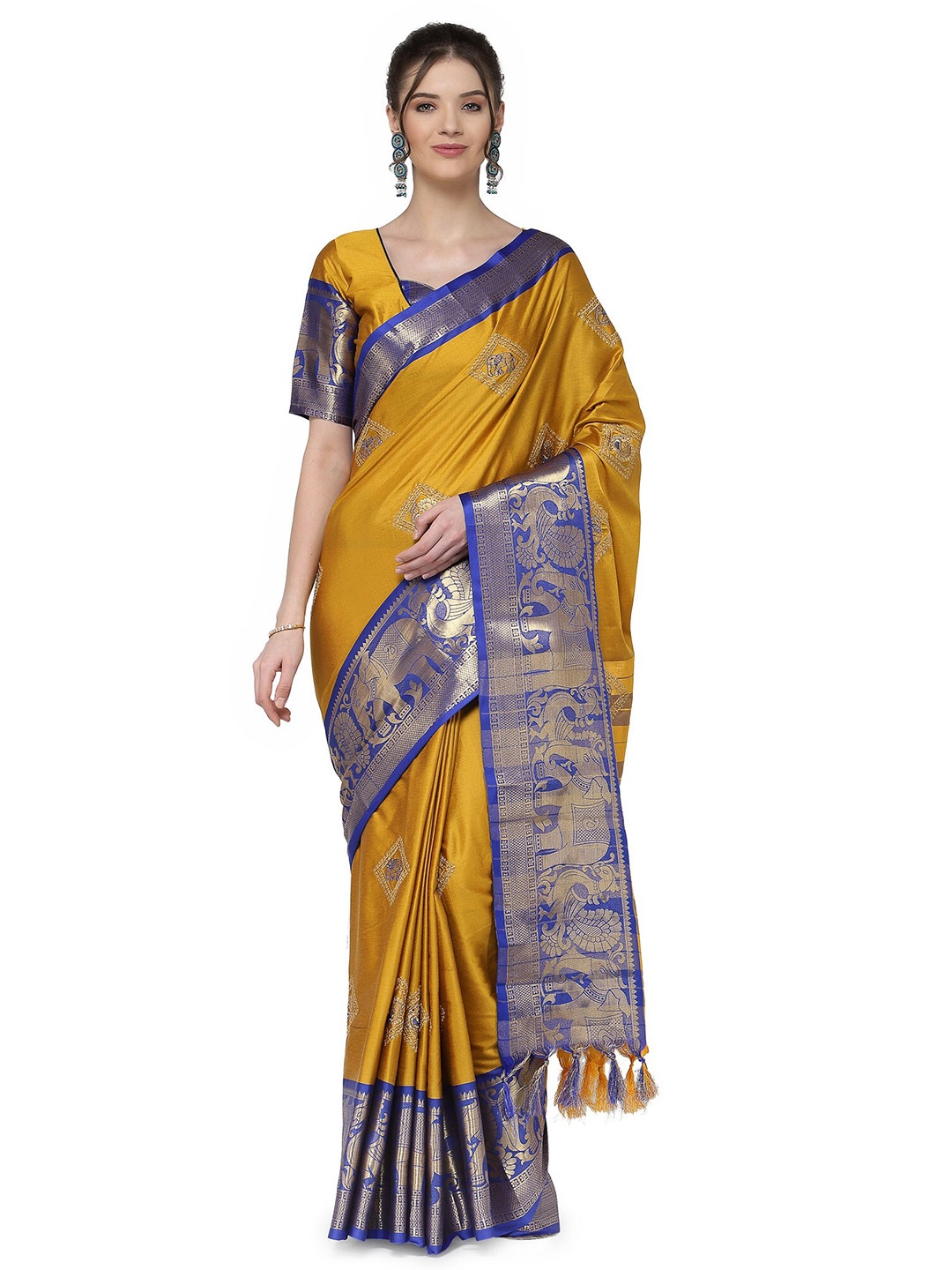 

KALINI Yellow & Blue Ethnic Motifs Embroidered Silk Cotton Banarasi Saree