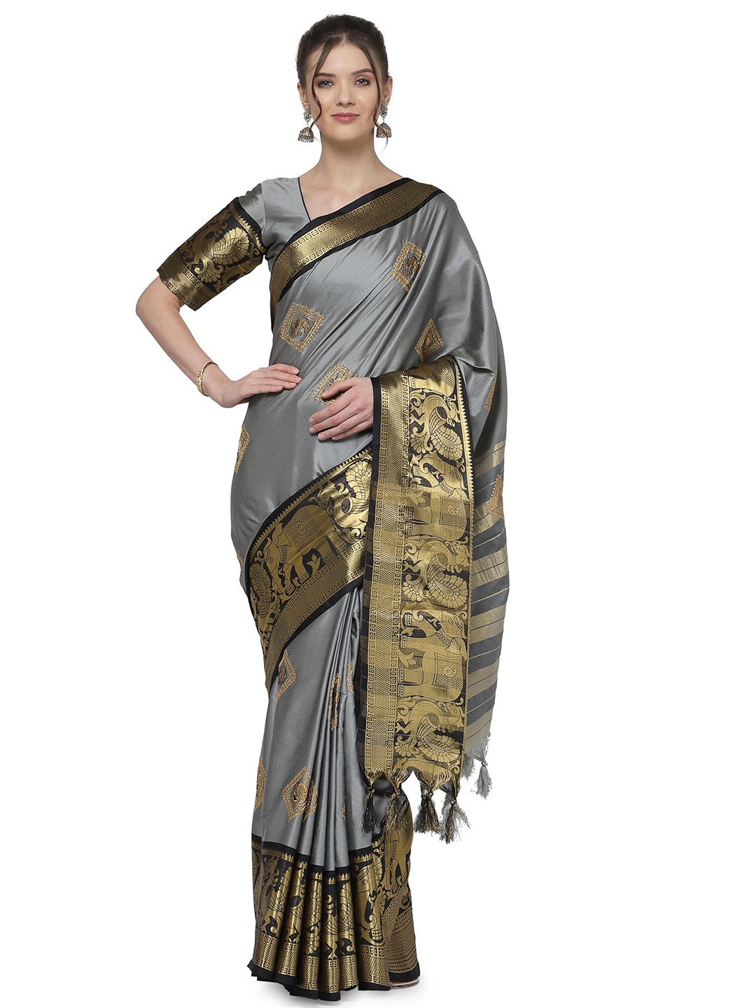 

KALINI Grey & Gold-Toned Ethnic Motifs Embroidered Silk Cotton Banarasi Saree