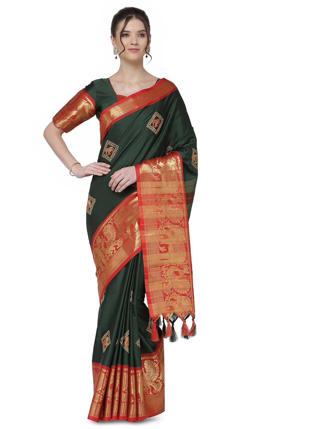

KALINI Green & Red Ethnic Motifs Embroidered Silk Cotton Banarasi Saree