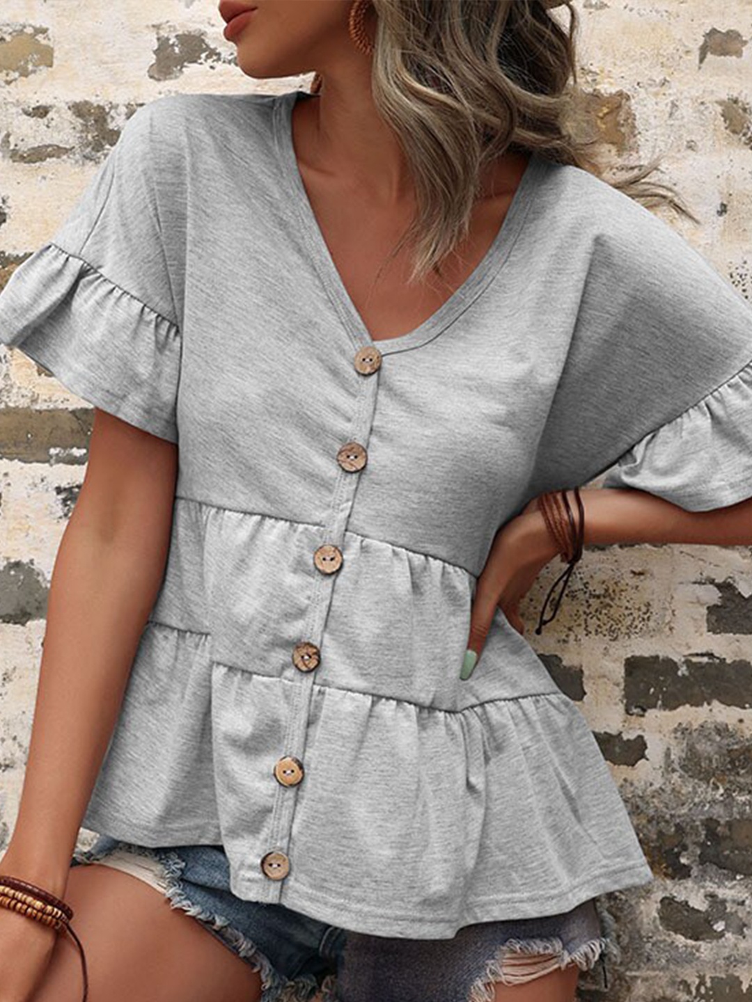 

StyleCast Grey Solid V Neck Gathered or Pleated Peplum Tops