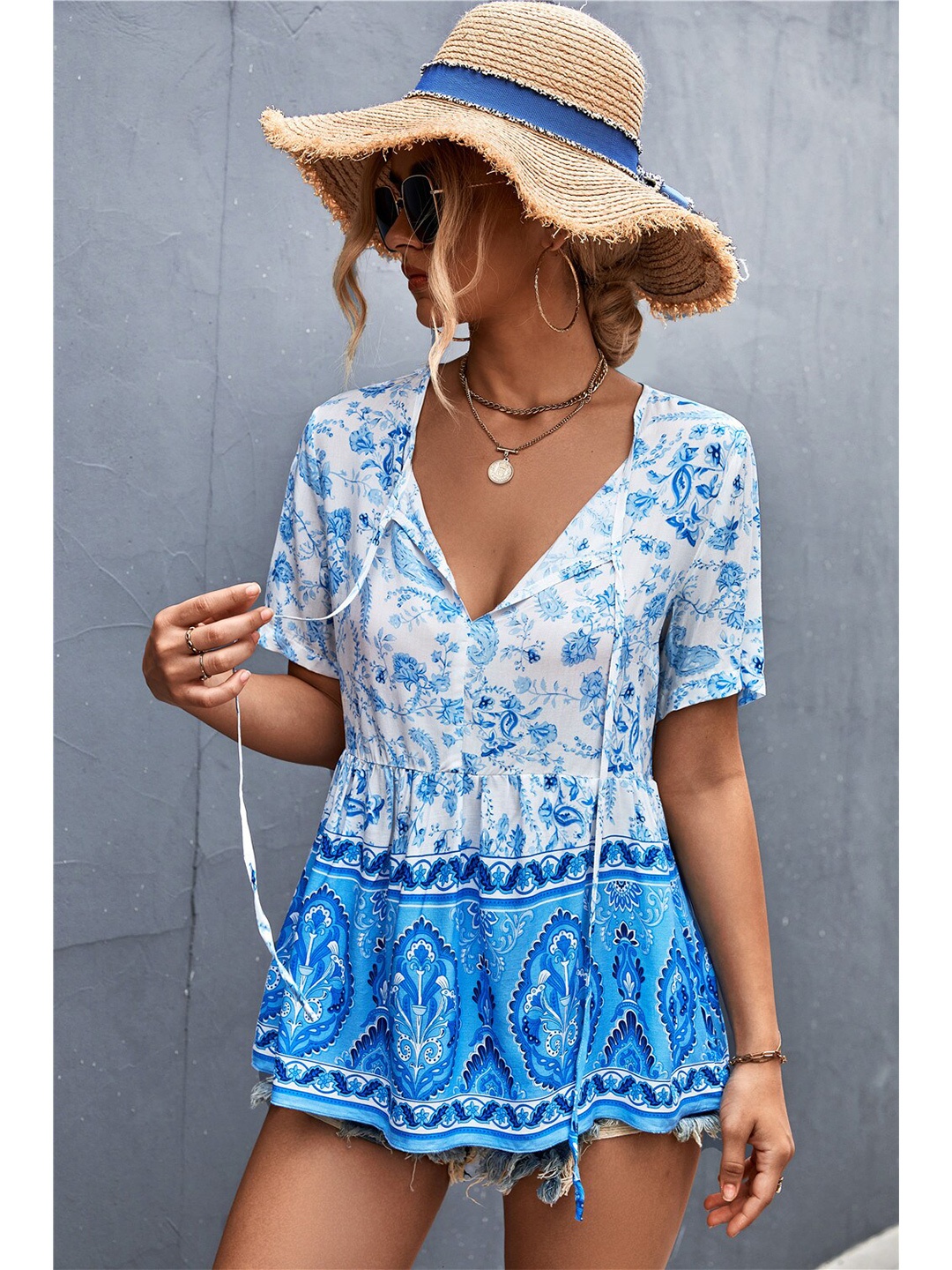 

BoStreet Blue Floral Print Tie-Up Neck Bohemian Top