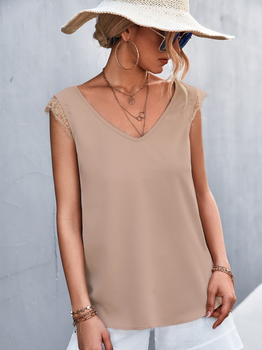 

BoStreet Beige V-Neck Solid Regular Top