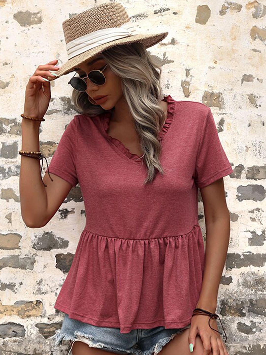 

StyleCast Maroon Solid Ruffled A-line Top